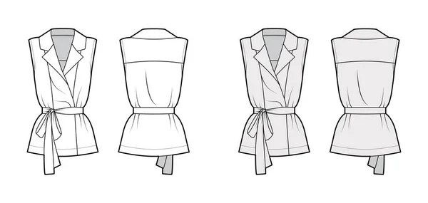 Bältade dubbelknäppt wrap skjorta teknisk mode illustration med avslappnad passform spetsig hack krage, ärmlös — Stock vektor