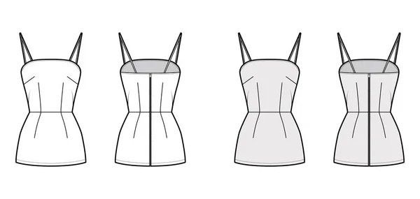 Camisole slip top illustration de mode technique avec bretelles spaghetti, coupe slim, ourlet allongé, fermeture zip arrière — Image vectorielle