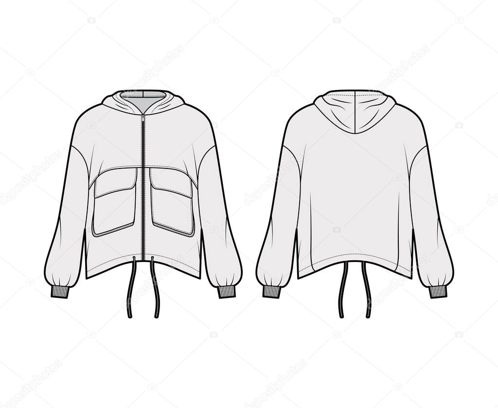 Zip-up hooded paneled track jacket technical fashion illustration with utility flap pockets, oversized, long sleeves, 