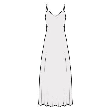 Kayışlı güneş giysisi, V yaka, maksimum bilek uzunluğu, gevşek şekli, yarı sirküler dolgunluğu olan teknik moda çizimi.