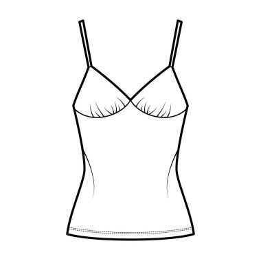 Gecelik, tatlı boyunlu, kayışlı, dar kesimli, uzun kenarlı, düz etek tanklı, üst düzey teknik tasvirler.