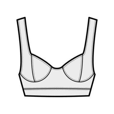 Geniş omuz kayışı, kıvrımlı fincanlar, yakın uyum ile mücevher kırpılmış büstiyer üst moda illüstrasyonu.