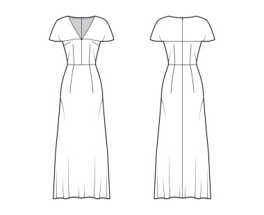 V yakalı uzun elbise, kısa kollu pelerin, ön zemin uzunluğu, A çizgisi dolgunluğu.