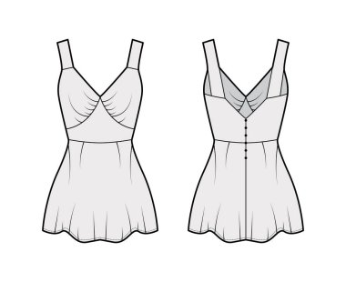 Gecelik, tatlı boyunlu, geniş kayışlı, ince kesimli, uzun sütyen etekli üst düzey teknik tasvirler. Düz