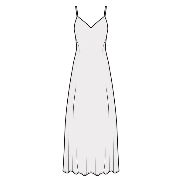 Strap sun dress technische mode illustratie met diepe V-hals, maxi ancle lengte, losse vorm, semi-sirculaire volheid — Stockvector