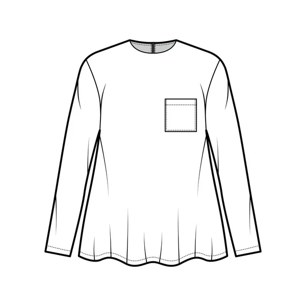 Boyfriend shirt technical fashion illustration with pocket, crew neck, long sleeves, oversized, flare hem, zip fastening — Stock Vector