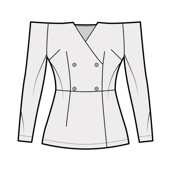Illustration de mode technique à double boutonnage off-the-shoulder avec silhouette ajustée, manches longues, ouverture bouton — Image vectorielle