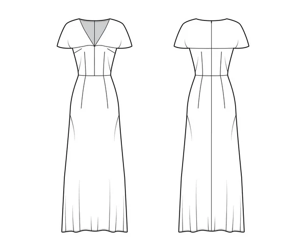 Dlouhé šaty technické módní ilustrace s výstřihem V, pláštěnky s krátkými rukávy, délka lícové podlahy, A-line plnost — Stockový vektor