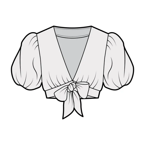 Tie-front cropped shirt technische mode illustratie met volumineuze korte bladermouwen, dompelende halslijn Platte blouse — Stockvector