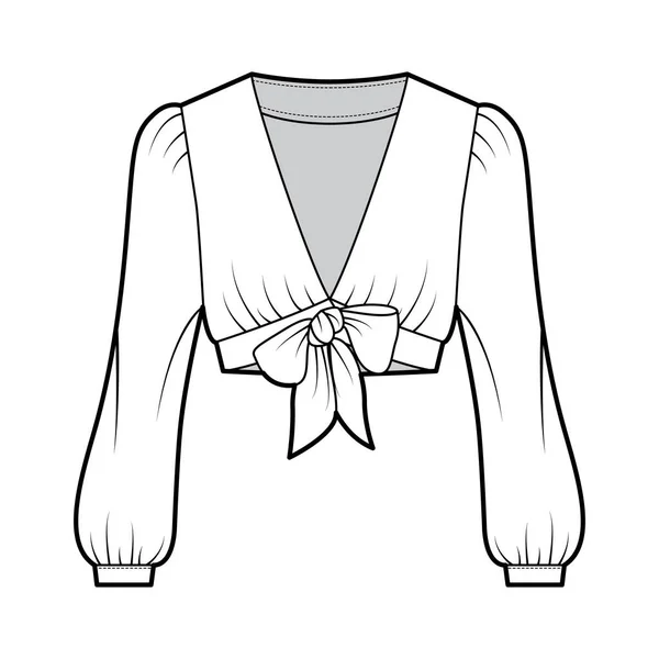 Tie-front corte camisa técnica ilustração de moda com mangas compridas volumosas, mergulho decote. Blusa plana — Vetor de Stock