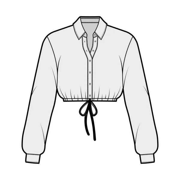 Camisa recortada ilustração de moda técnica com colarinho básico, mangas compridas, bainha cordão, botão de fixação frontal — Vetor de Stock