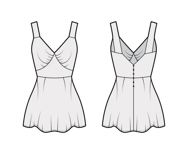 Camisole slip top technische mode illustratie met lieverd nek, brede bandjes, slanke pasvorm, langwerpige peplum zoom. Vlak — Stockvector