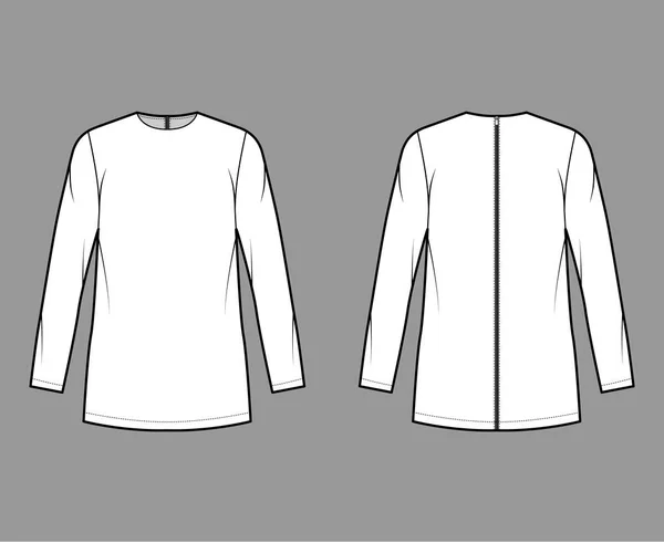 Cady tunic техническая мода иллюстрация с вырезом экипажа, длинные рукава, негабаритные, задняя застежка молнии, удлиненный подол — стоковый вектор