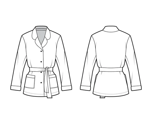 丸みを帯びたノッチの襟、長い袖、正方形のポケットとベルトパジャマスタイルのラップシャツ技術的なファッションイラスト — ストックベクタ