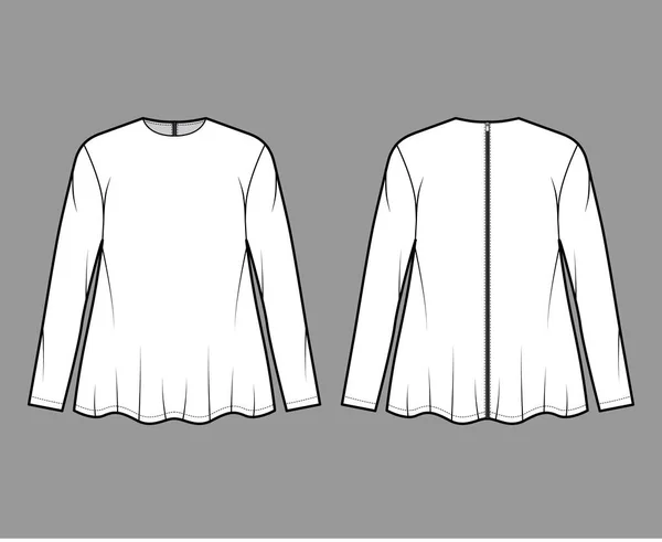 Φόρεμα του αγοριού της μπλούζας τεχνική απεικόνιση μόδας με λαιμόκοψη πληρώματος, μακριά μανίκια, υπερμεγέθης, flam hem πίσω φερμουάρ στερέωσης — Διανυσματικό Αρχείο