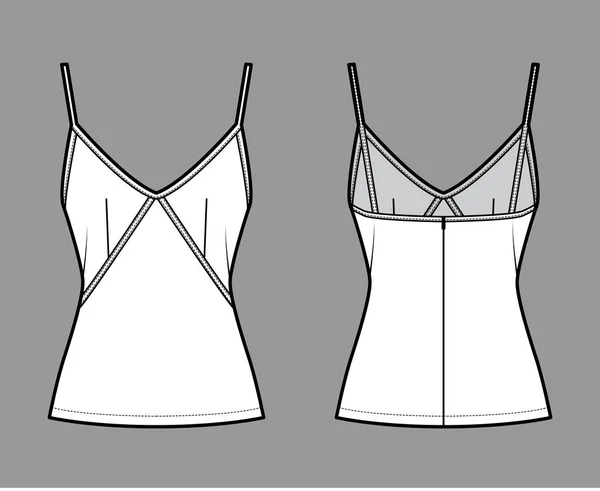 Camisole deslizamento top ilustração de moda técnica com pescoço querido, tiras finas, ajuste fino, fecho de correr para trás. Plano —  Vetores de Stock