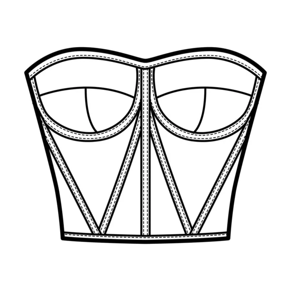 Fűző stílusú bustier felső technikai divat illusztráció öntött csésze, közeli illeszkedés, hátsó zipzár rögzítés, vágott hossza — Stock Vector