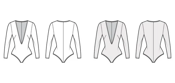 Body stretch en jersey illustration de mode technique avec col en V plongeant, manches longues, fermeture éclair dos une pièce — Image vectorielle