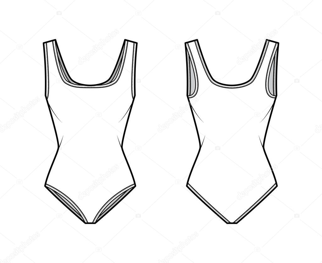 Stretch bodysuit technical fashion illustration with square neckline, wide straps, medium brief coverage. Flat one-piece