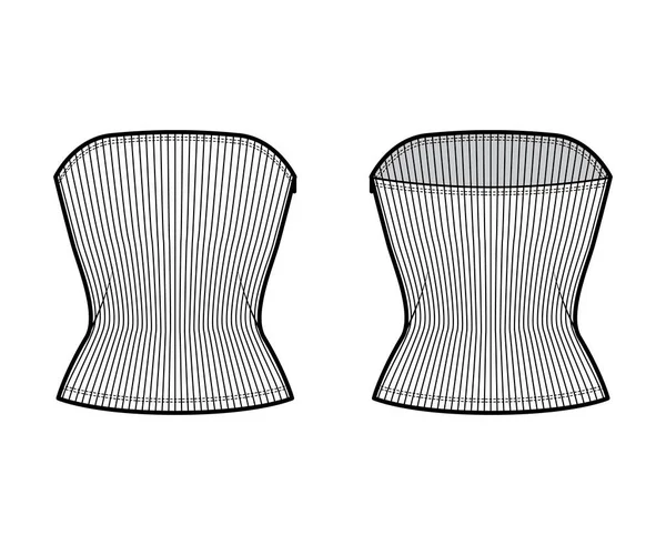 Technische Illustration des gerippten Röhrenoberteils mit seitlichem Reißverschluss, tailliertem Körper, rundem Ausschnitt, schlanker Passform. Flachdach — Stockvektor