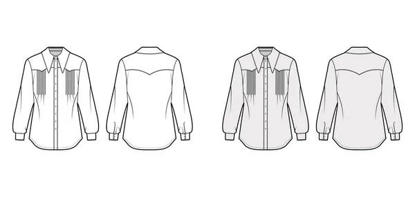 Western-inspirierte Biesen-Hemd technische Mode Illustration mit langen Ärmeln, Knopfverschluss, übertriebener Kragen — Stockvektor