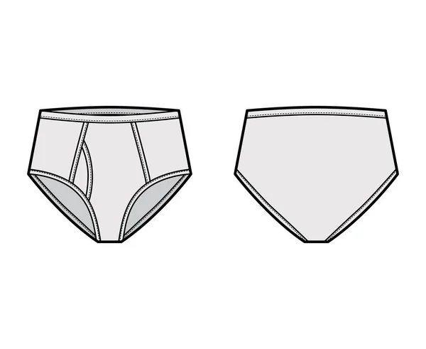 Краткая техническая иллюстрация нижнего белья с передней щелью, эластичной талией, вертикальной мухой. Плоские трусы — стоковый вектор