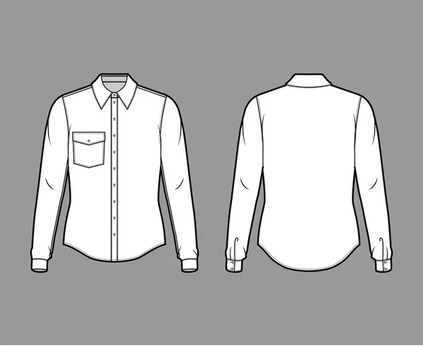 Ilustração de moda técnica de camisa clássica com mangas compridas com manguito, fixação de botão frontal, bolso de aba angular —  Vetores de Stock