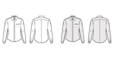 Klasik gömlek teknik tasviri, uzun kollu, manşetli, ön düğmeli, yakalı, arka boyunduruklu.