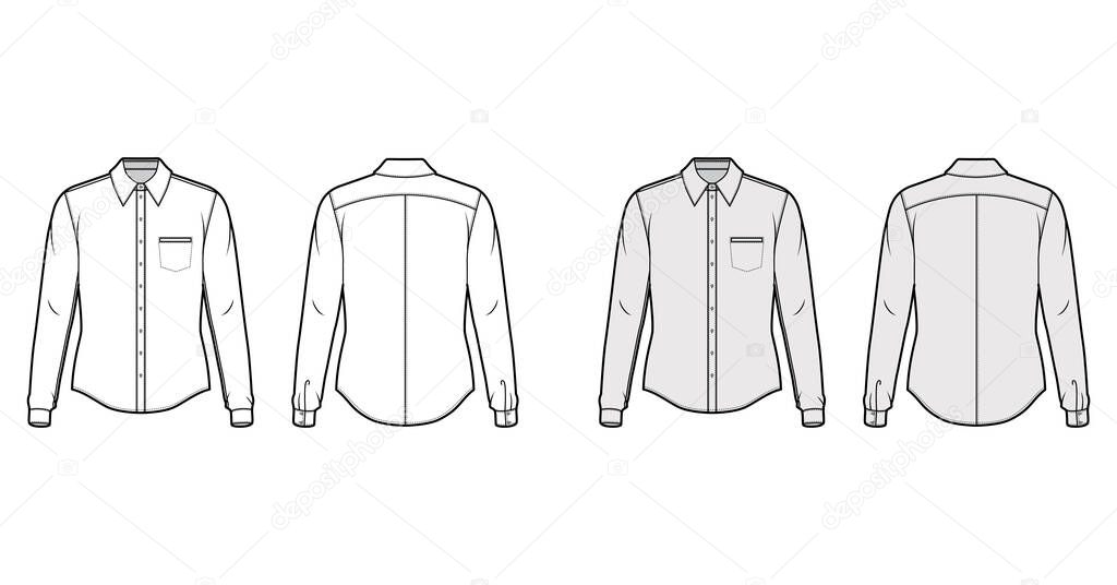 Classic shirt technical fashion illustration with long sleeves with cuff, front button-fastening, collar, back yokes
