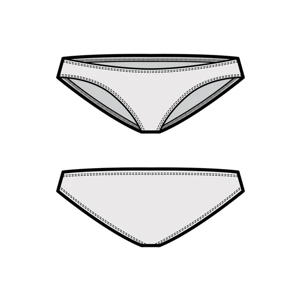Bikiny technické módní ilustrace s elastickým pasem, nízký vzestup, střední krytí. Ploché kalhotky lícní — Stockový vektor