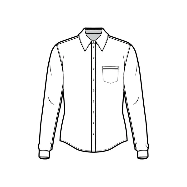 Camisa clásica ilustración técnica de moda con mangas largas con puño, cierre de botón delantero, cuello, yugos traseros — Vector de stock