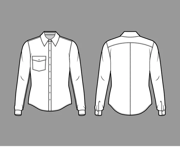 Klasická košile technické módní ilustrace s dlouhými rukávy, zapínání předních knoflíků, zaoblená kapsa, zaoblené jho — Stockový vektor