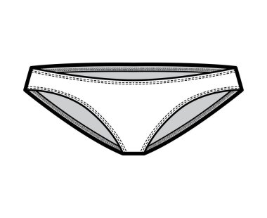 Bikiniler, elastik bel bandı, düşük katlı, orta kaplamalı teknik moda illüstrasyonları. Düz yanaklı külot.
