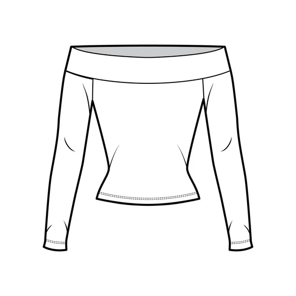 Illustration de mode technique stretch off-the-shoulder avec manches longues, forme moulante. Tenue de chemise plate — Image vectorielle