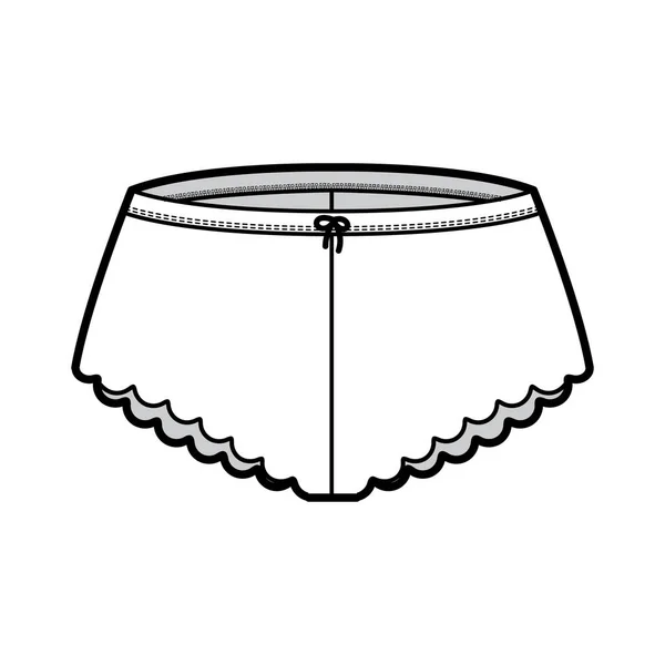 Francouzské kalhotky technické módní ilustrace s hřebenatkou, elastický pás. Byt Mini-krátké kalhotky spodní prádlo — Stockový vektor