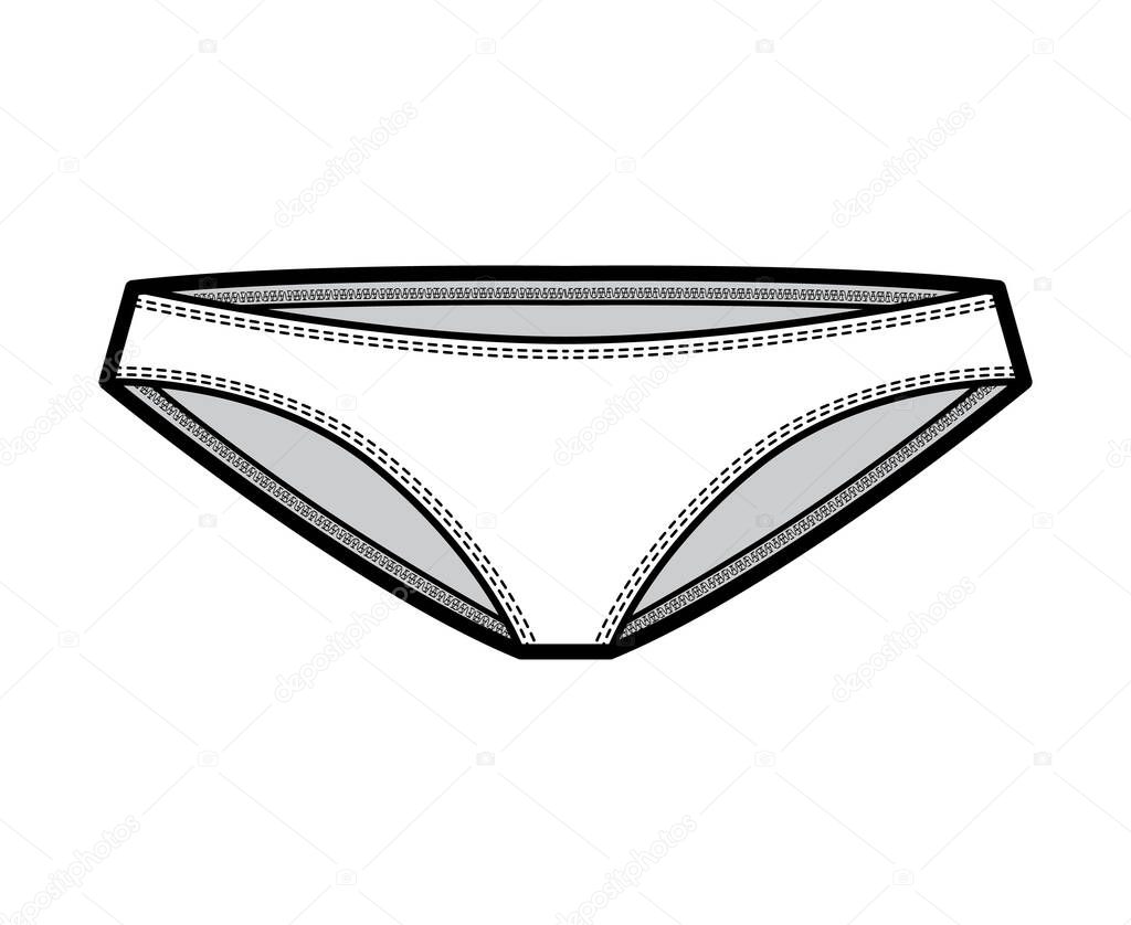 Bikinis technical fashion illustration with elastic waistband, low rise, medium coverage. Flat cheekini panties briefs