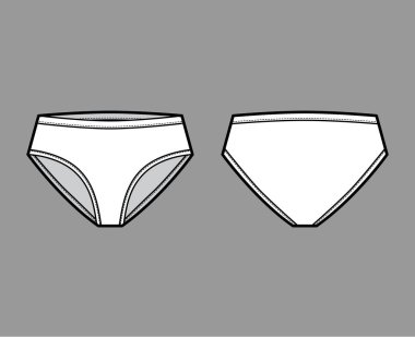 Yüksek kesim külot, orta kalça kaplama ve bel yükselmesi olan teknik moda illüstrasyonu. Düz mini-kısa bikini iç çamaşırı.