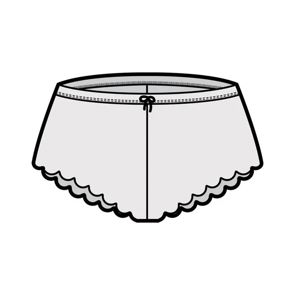 Calze francesi illustrazione tecnica di moda con bordo smerlato, elastico in vita. Appartamento Mini-short mutandine lingerie — Vettoriale Stock