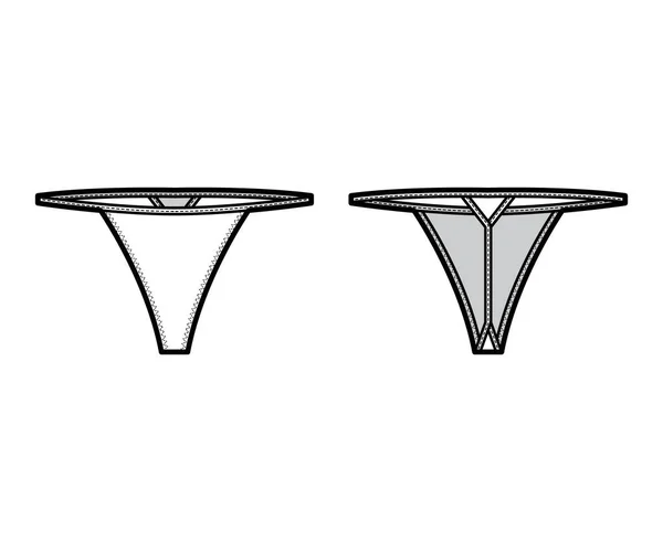 Illustrazione tecnica di moda a V con vita bassa, senza copertura fianchi, elastico in vita. Bikini piatto lingerie — Vettoriale Stock