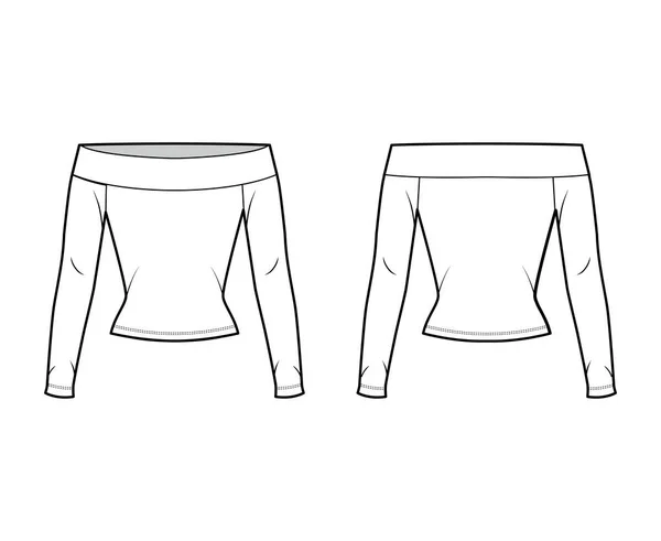 Ilustración de moda técnica superior elástica fuera del hombro con mangas largas, forma ajustada. Ropa de camisa plana — Vector de stock