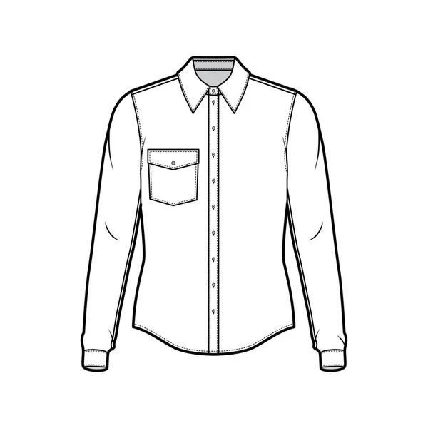 Класична сорочка технічної моди ілюстрація з довгими рукавами, передня кнопка-застібка, кутова кишеня клапана, округле ярмо — стоковий вектор