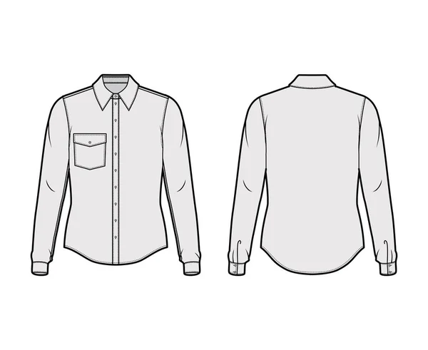 Klasyczna koszula Ilustracja moda techniczna z długimi rękawami z mankietem, przedni guzik-zapięcie, kieszeń klapy kątowe — Wektor stockowy