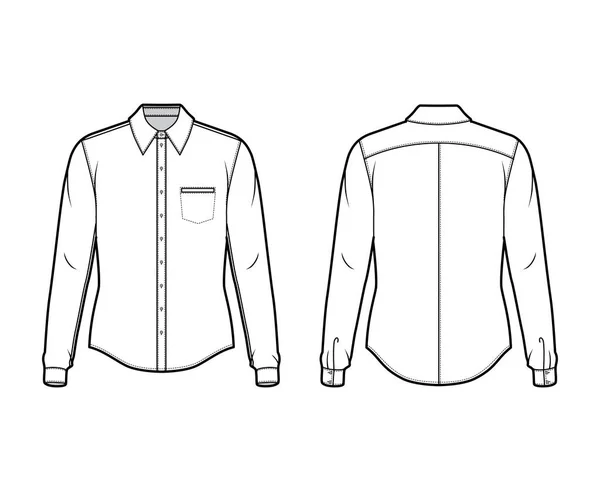 소매가 긴 전형적 인 셔츠 기술적 패션 일러스트 커프스, 앞 단추접기, 칼라, 등요 커 — 스톡 벡터