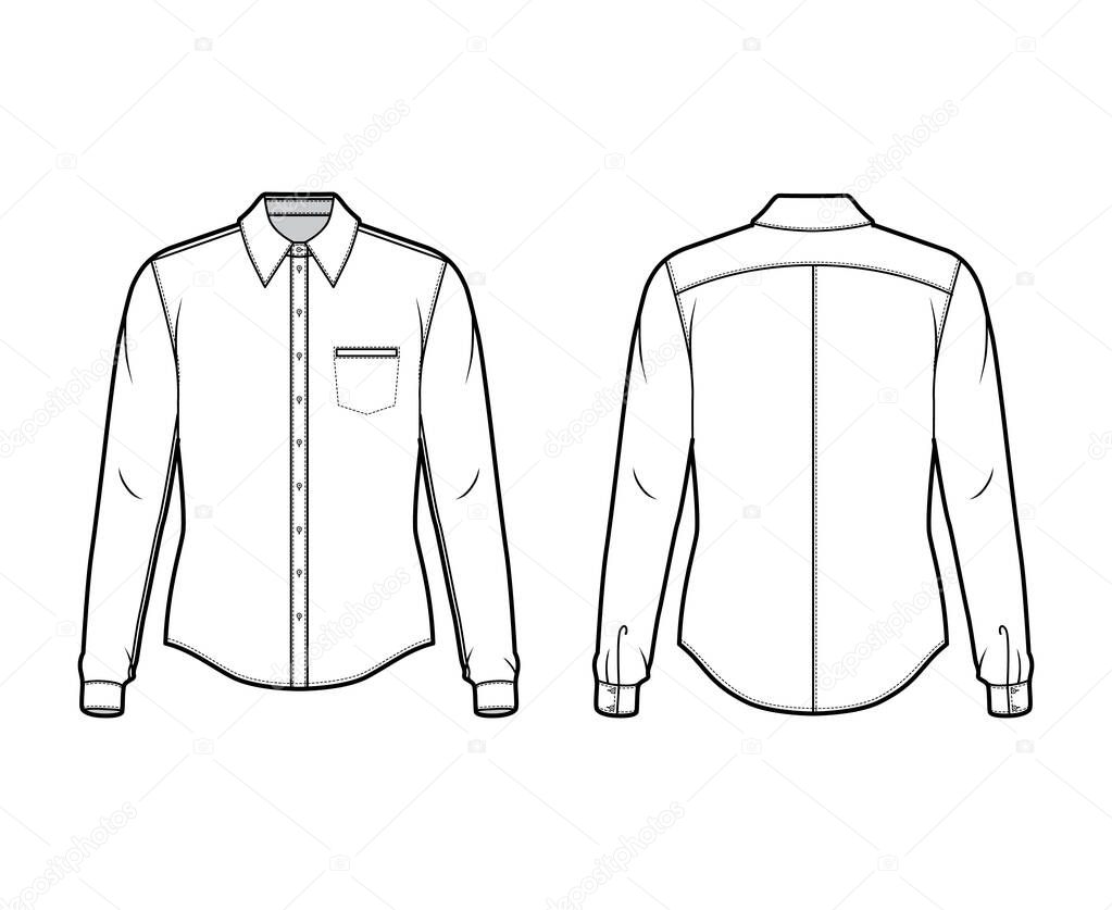 Classic shirt technical fashion illustration with long sleeves with cuff, front button-fastening, collar, back yokes