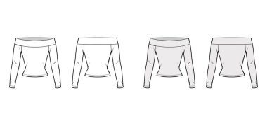 Omuz dışından esneme, uzun kollu, yakın formda teknik moda illüstrasyonları. Düz gömlek.