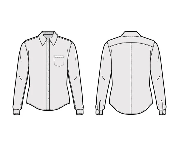 Klasická košile technické módní ilustrace s dlouhými rukávy s manžetami, zapínání předních knoflíků, límec, zadní pouta — Stockový vektor