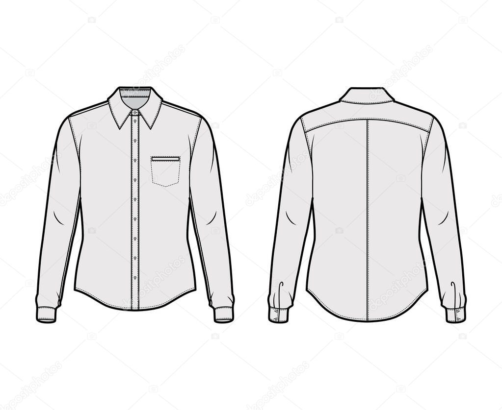 Classic shirt technical fashion illustration with long sleeves with cuff, front button-fastening, collar, back yokes