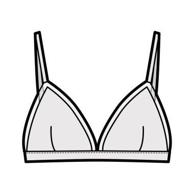 Üçgen sutyen iç çamaşırı teknik tasviri ayarlanabilir kayışlar, kanca ve göz kapakları, saf kenar bardaklar. Düz