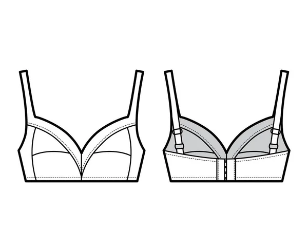 Bra soft cup lingerie technical modeling with full consistable shoulder straps, hook-and-eye closure. 소프트 컵 패션 일러스트. 플 라트 — 스톡 벡터