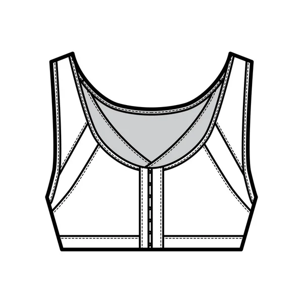 BH-Haltung Dessous technische Mode Illustration mit weit verstellbaren Schultergurten, Haken-und-Ösen-Verschluss. Flach — Stockvektor